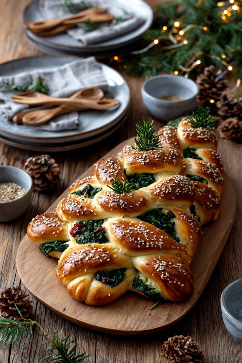 21 Creative Eco-Friendly Christmas Food Decor Guests Will Love! 21 festive bread shaped like a christmas tree with spinach and sun-dried tomatoes 1
