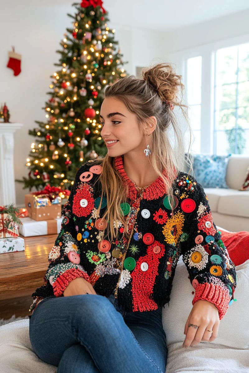 festive jacket with mismatched vintage buttons and sequin embellishments. 1