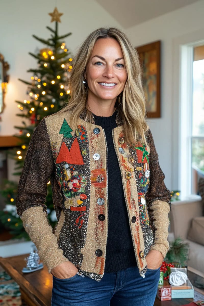 festive jacket with mismatched vintage buttons and sequin embellishments. 1