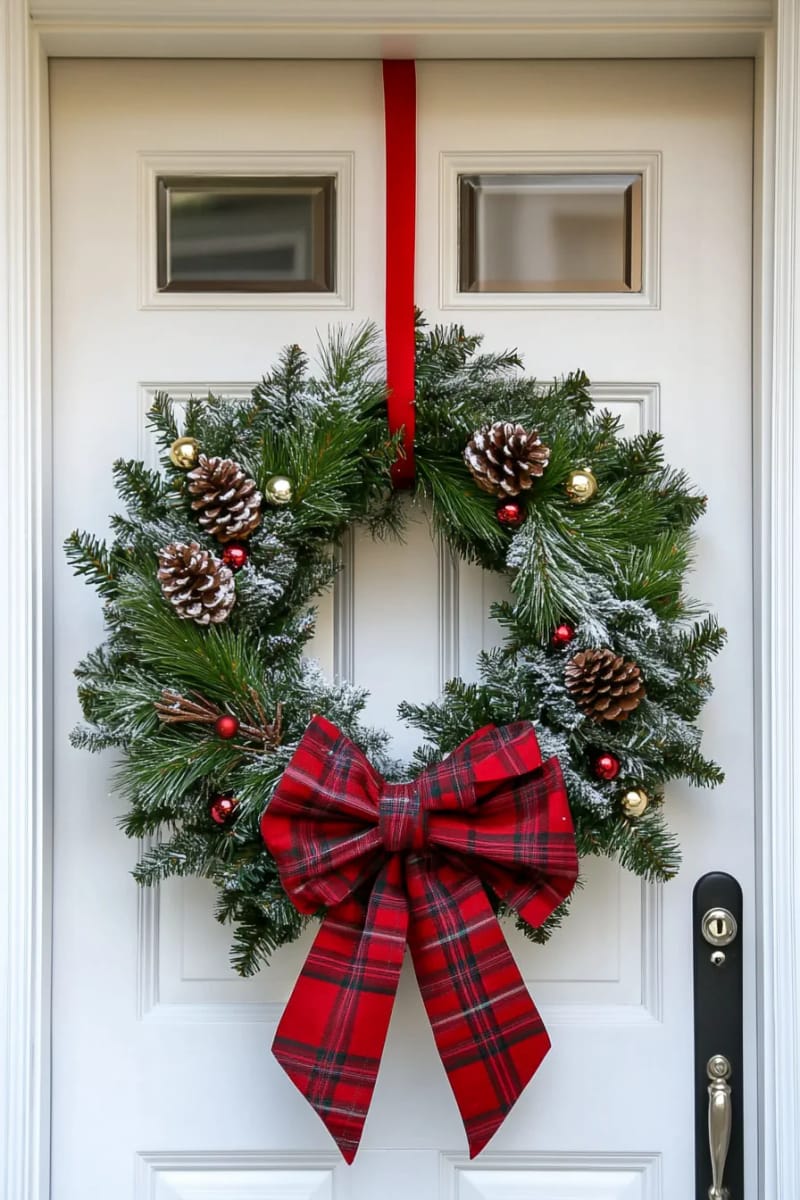 festive wreath with oversized red plaid bow, pine sprigs, and jingle bells 1