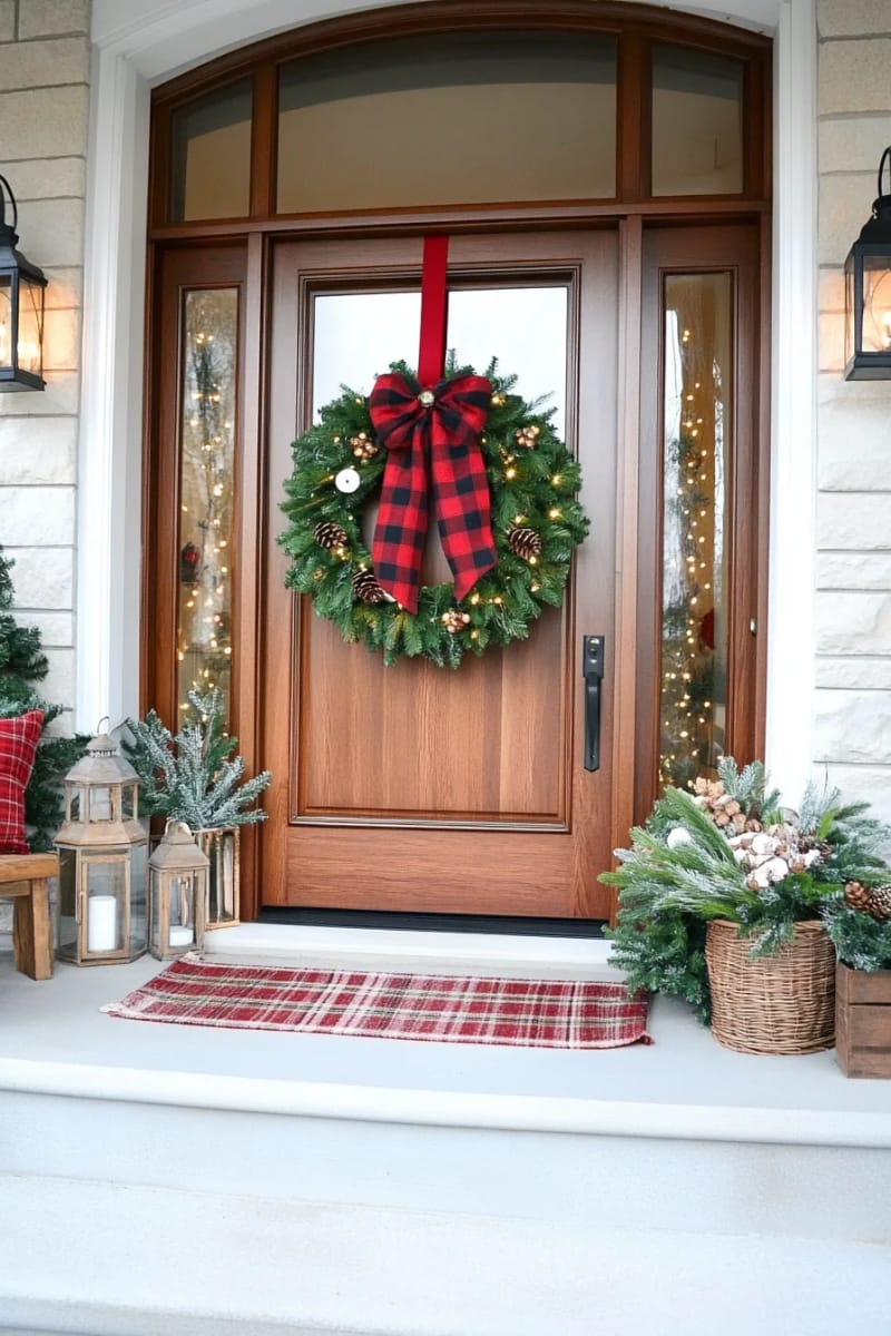 festive wreath with oversized red plaid bow, pine sprigs, and jingle bells 1