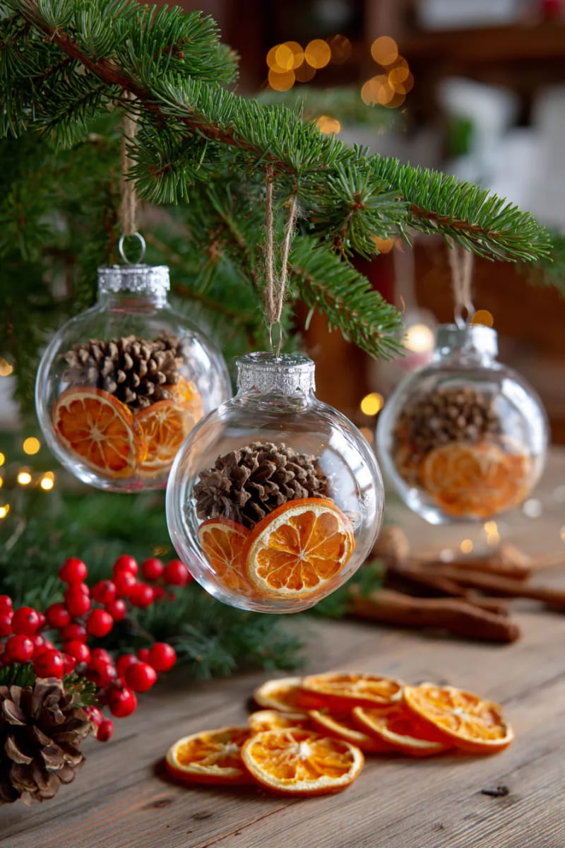 fill glass ornaments with mini dried orange wheels and tiny pinecones 1