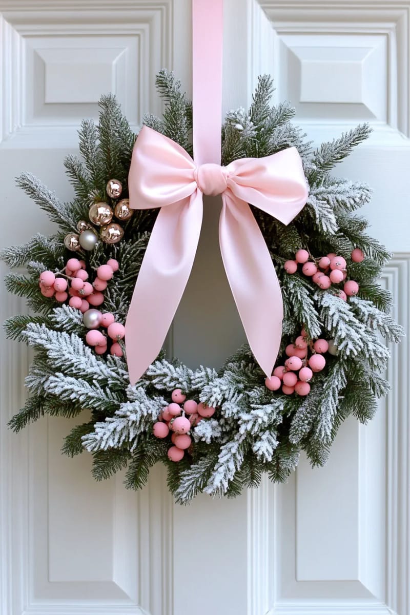 frosted evergreen wreath with pale pink ribbon and soft blush berries 1