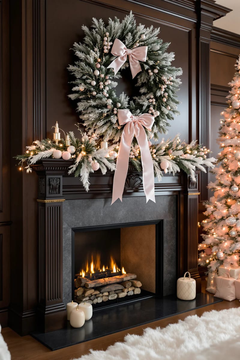frosted evergreen wreath with pale pink ribbon and soft blush berries 1