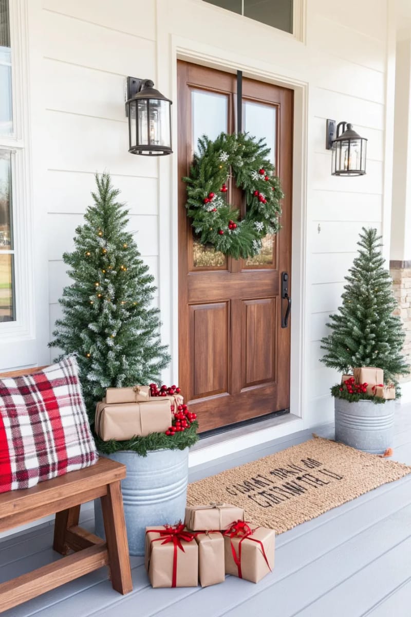 15 Cozy Modern Farmhouse Christmas Ideas For Front Porch 2025 24 frosted mini trees in galvanized buckets flanking the entryway for cozy symmetry 1