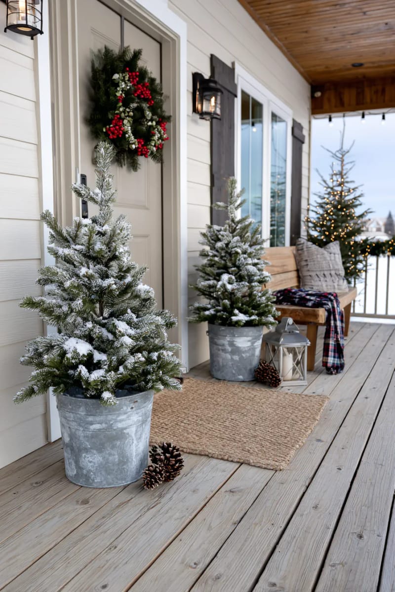 15 Cozy Modern Farmhouse Christmas Ideas For Front Porch 2025 25 frosted mini trees in galvanized buckets flanking the entryway for cozy symmetry 1