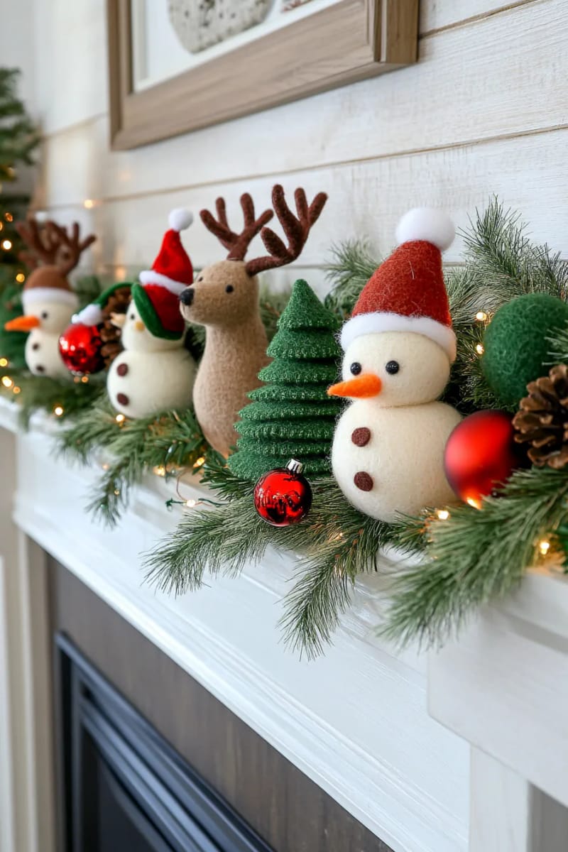garland combining felted snowmen, reindeer, and christmas tree motifs 1