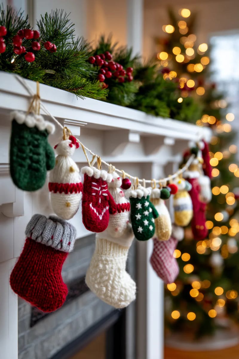 garland featuring felted mittens, stockings, and tiny hats in festive colors 1