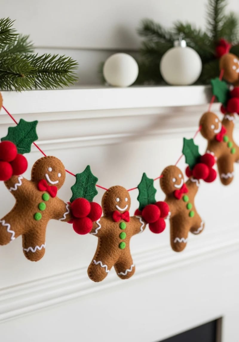 garland of felted gingerbread men holding hands, alternating with holly berries 1