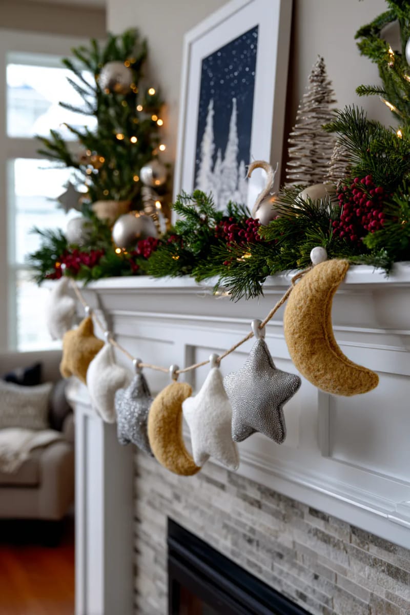 garland of wool stars and crescent moons for a celestial christmas feel 1