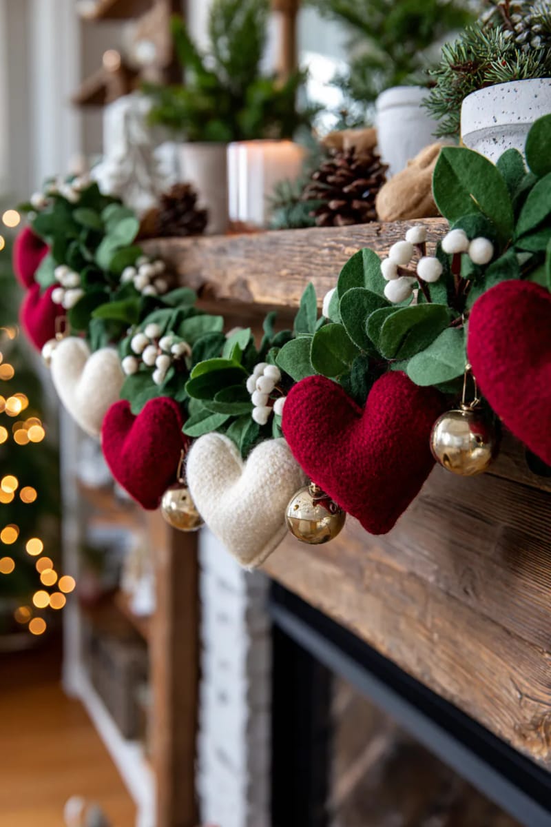 garland with soft wool hearts, gold bells, and mistletoe leaves 1