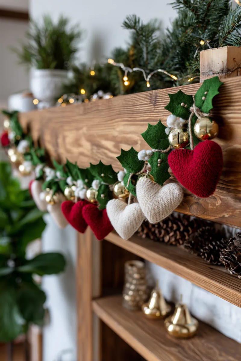 garland with soft wool hearts, gold bells, and mistletoe leaves 1