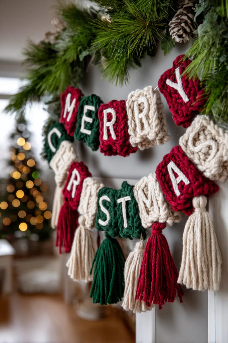 garland with wool-wrapped “merry christmas” letters and tassel ends 1