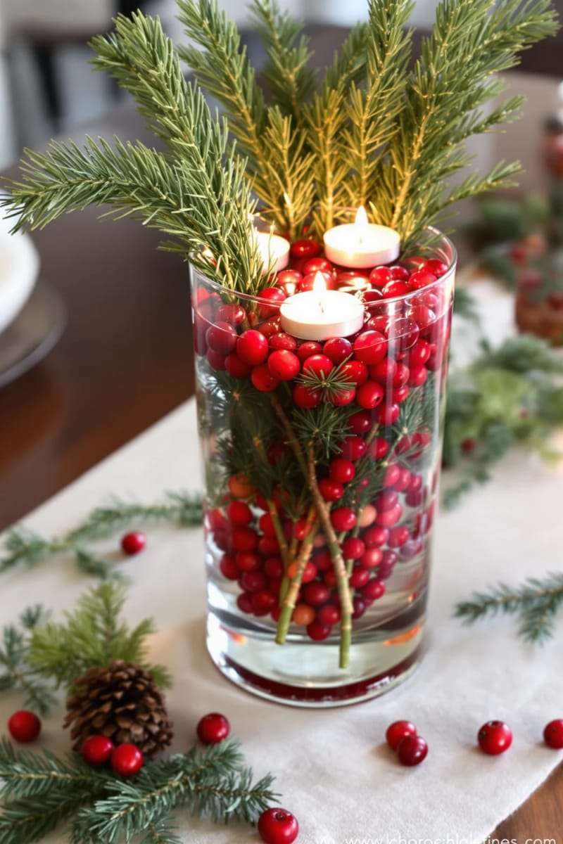 glass vase filled with cranberries, floating tea lights, and fir branches 1