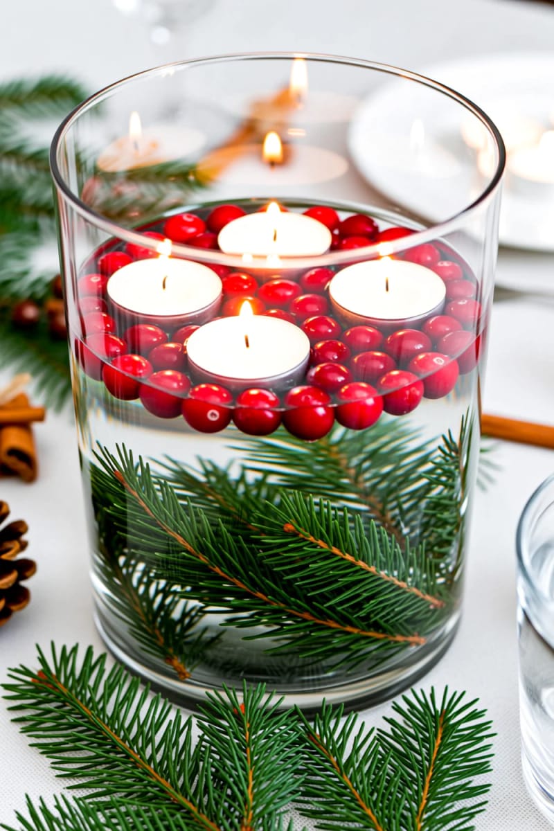 glass vase filled with cranberries, floating tea lights, and fir branches 1