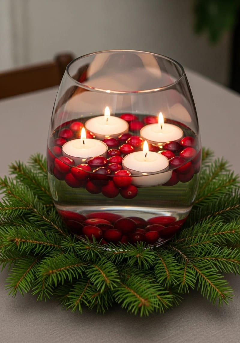 glass vase filled with cranberries, floating tea lights, and fir branches 1