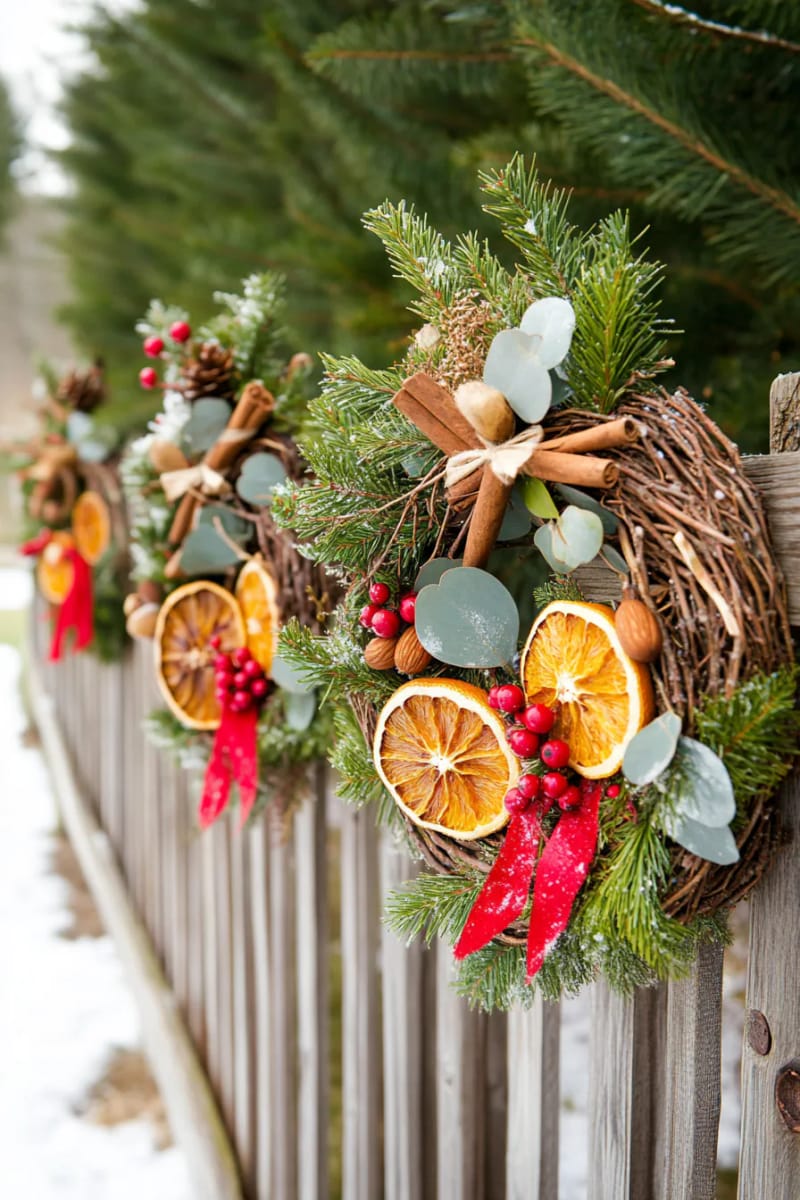 grapevine wreaths decorated with dried fruit, nuts, and eucalyptus 1