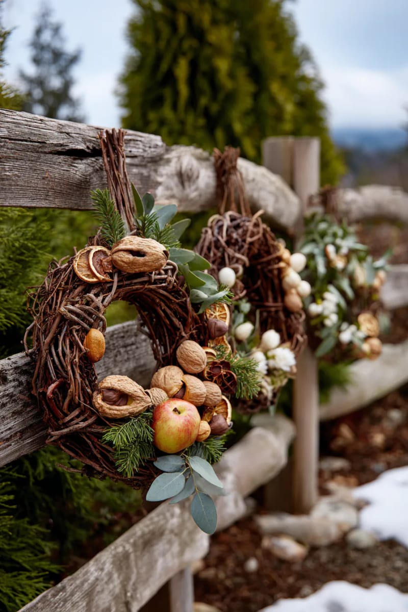 grapevine wreaths decorated with dried fruit, nuts, and eucalyptus 1