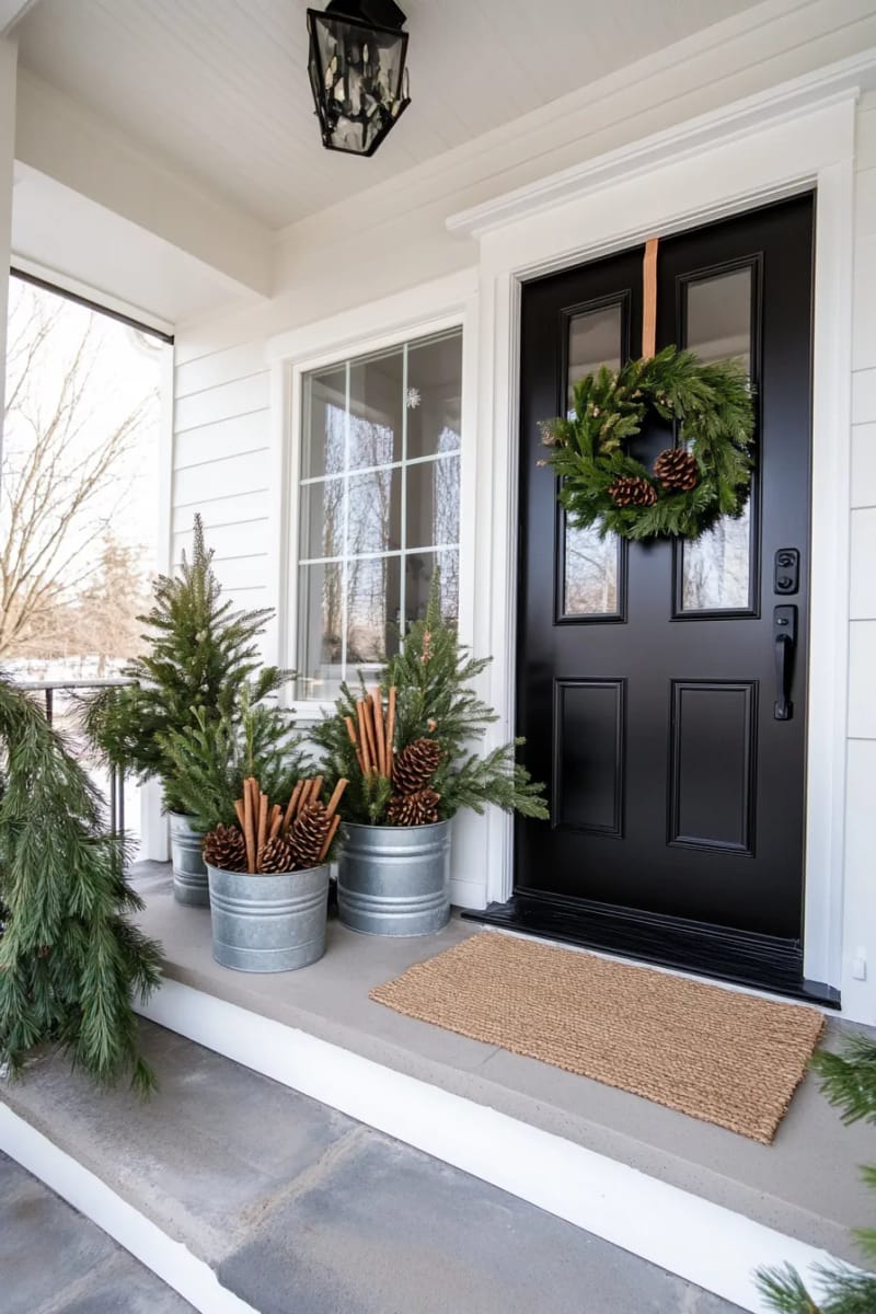 greenery in galvanized buckets, accented with pinecones and cinnamon sticks 1