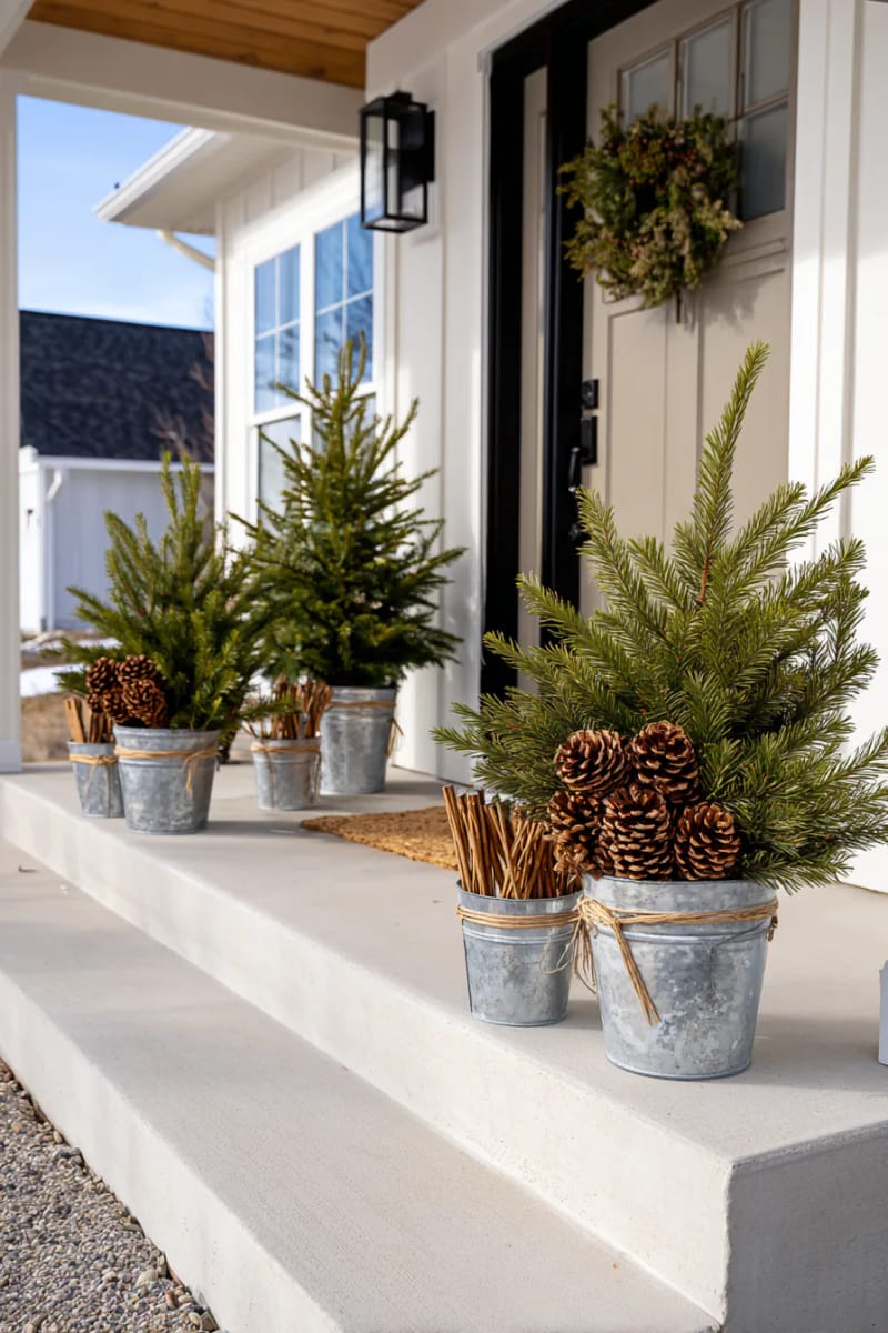 greenery in galvanized buckets, accented with pinecones and cinnamon sticks 1