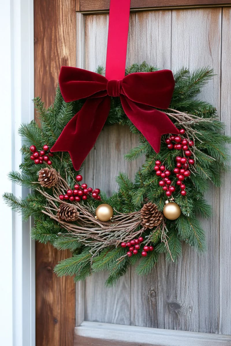 half-and-half wreath: half lush greens, half exposed grapevine, bold statement 1