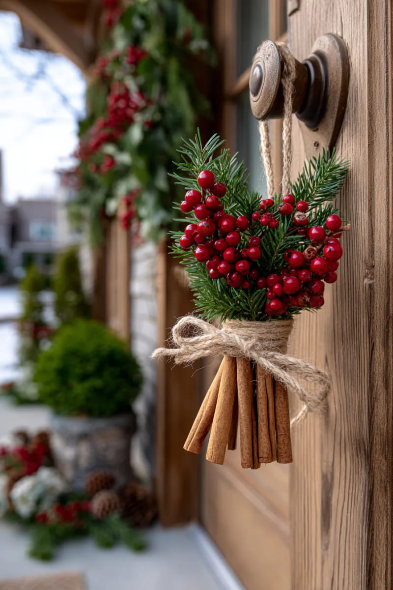 hand-tied bundles of cinnamon sticks, berries, and fir hung on door handles 1