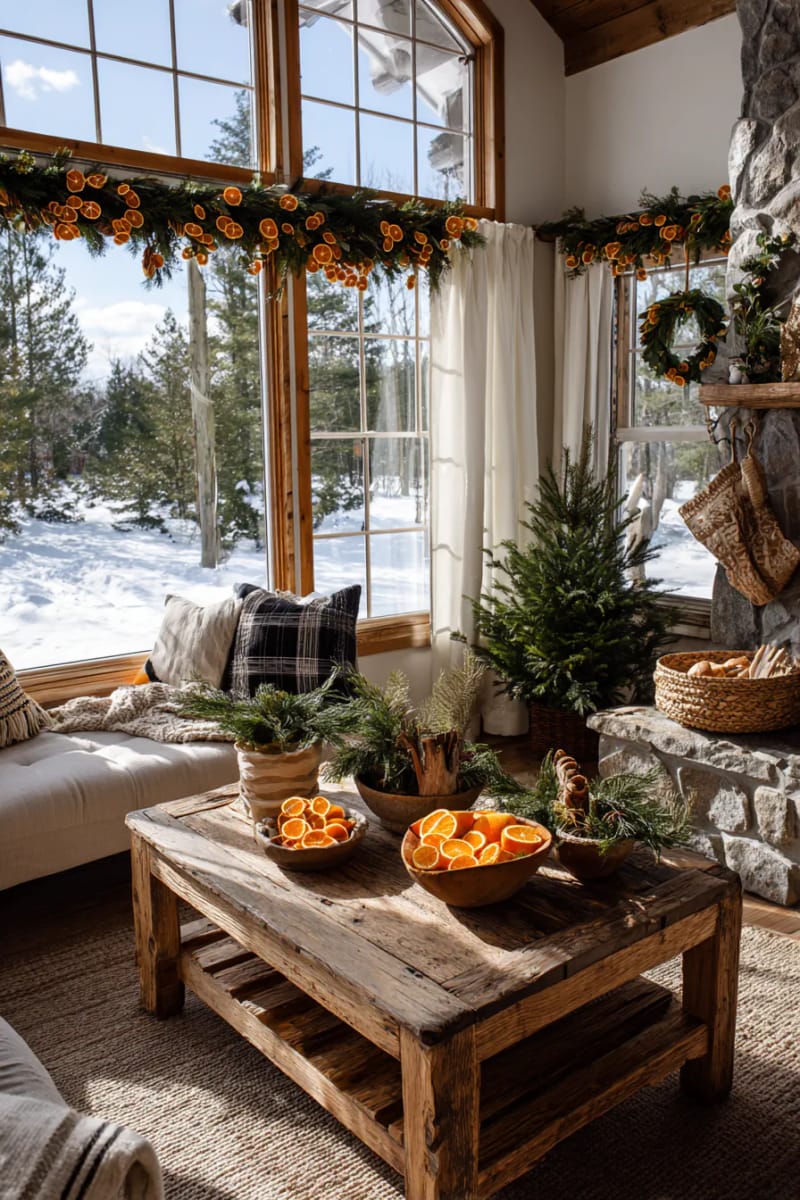 hang dried orange garlands across windows for golden sun-catching decor 1