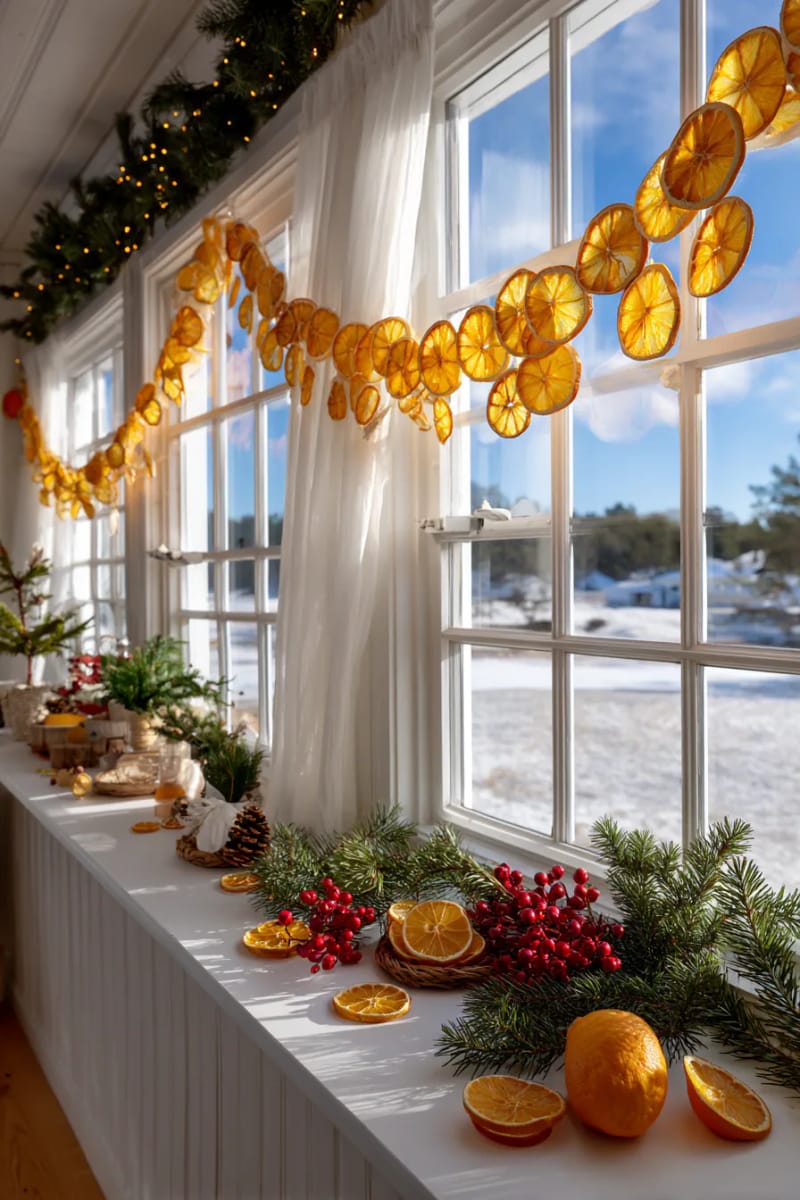hang dried orange garlands across windows for golden sun-catching decor 1