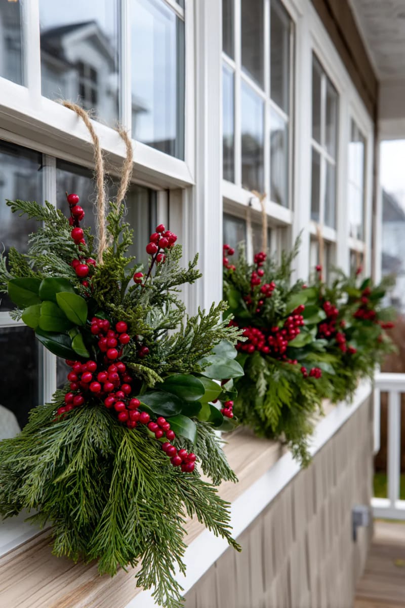 hanging cedar and pine swags with clusters of red berries on windows 1