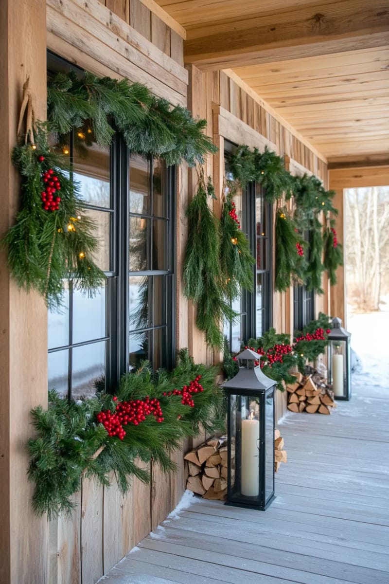 hanging cedar and pine swags with clusters of red berries on windows 1