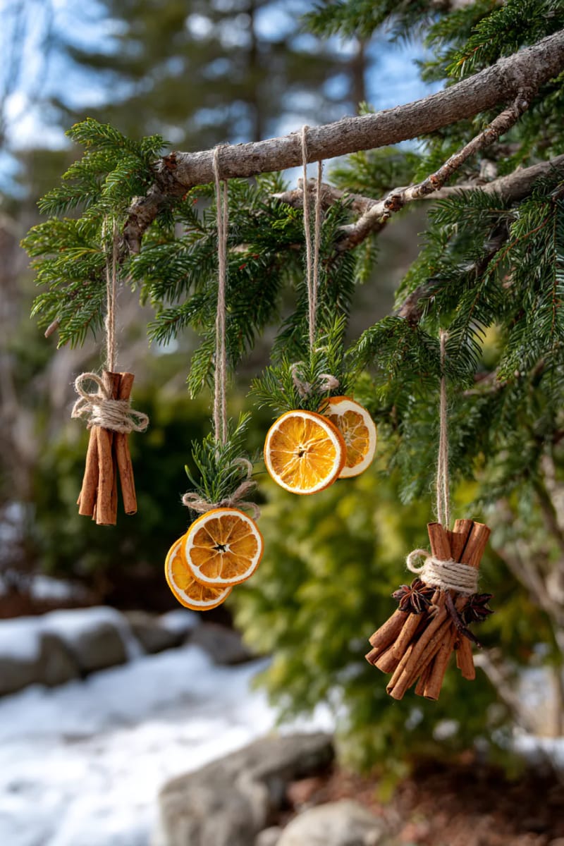 hanging dried orange slice ornaments and cinnamon sticks from outdoor trees 1