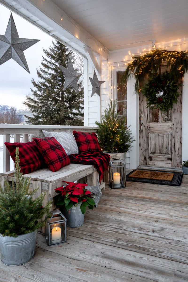 15 Simple Farmhouse Christmas Front Porch Decor Ideas 33 hanging galvanized stars with greenery above the entryway 1