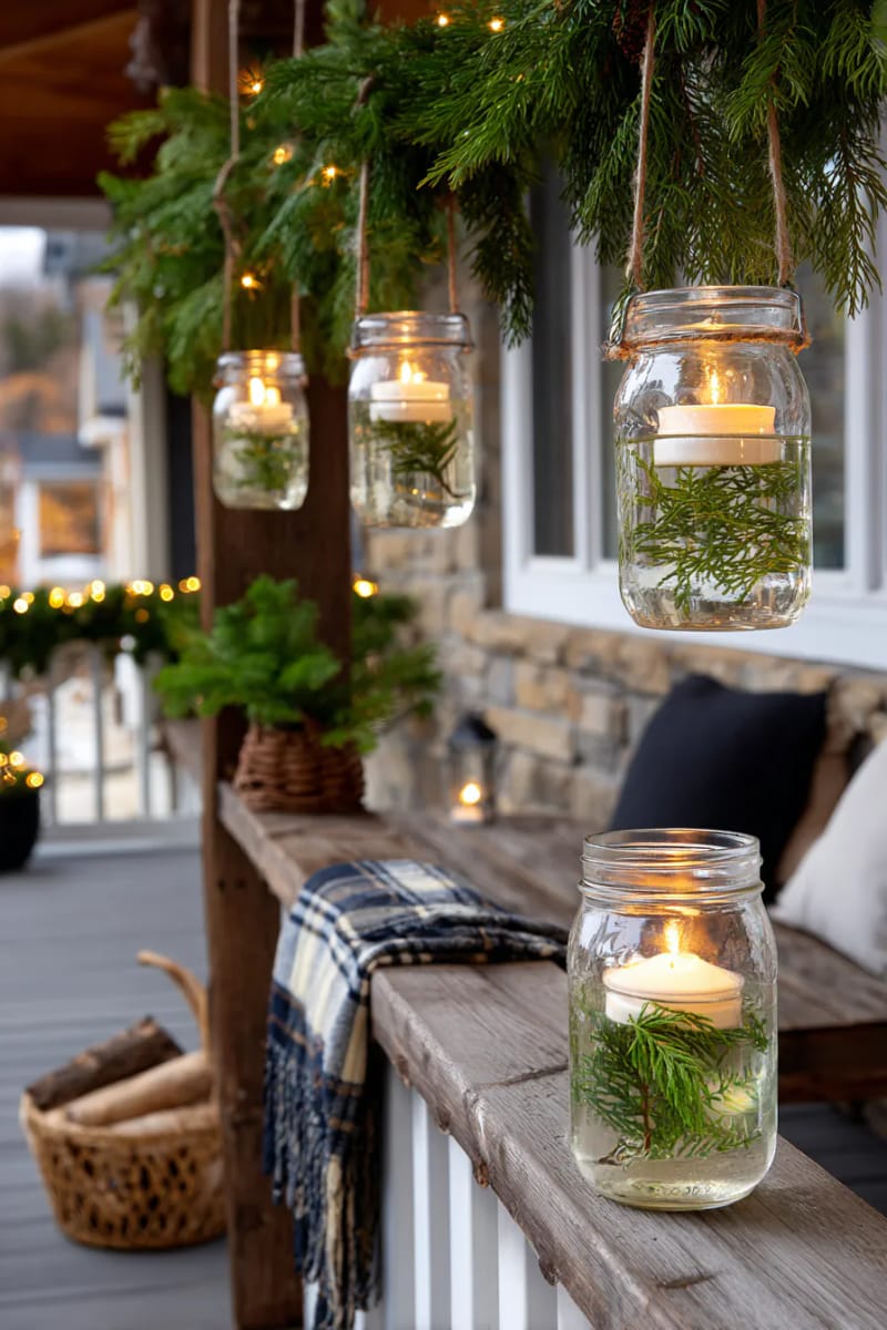 hanging glass jars with sprigs of cedar and floating soy candles for soft glow 1