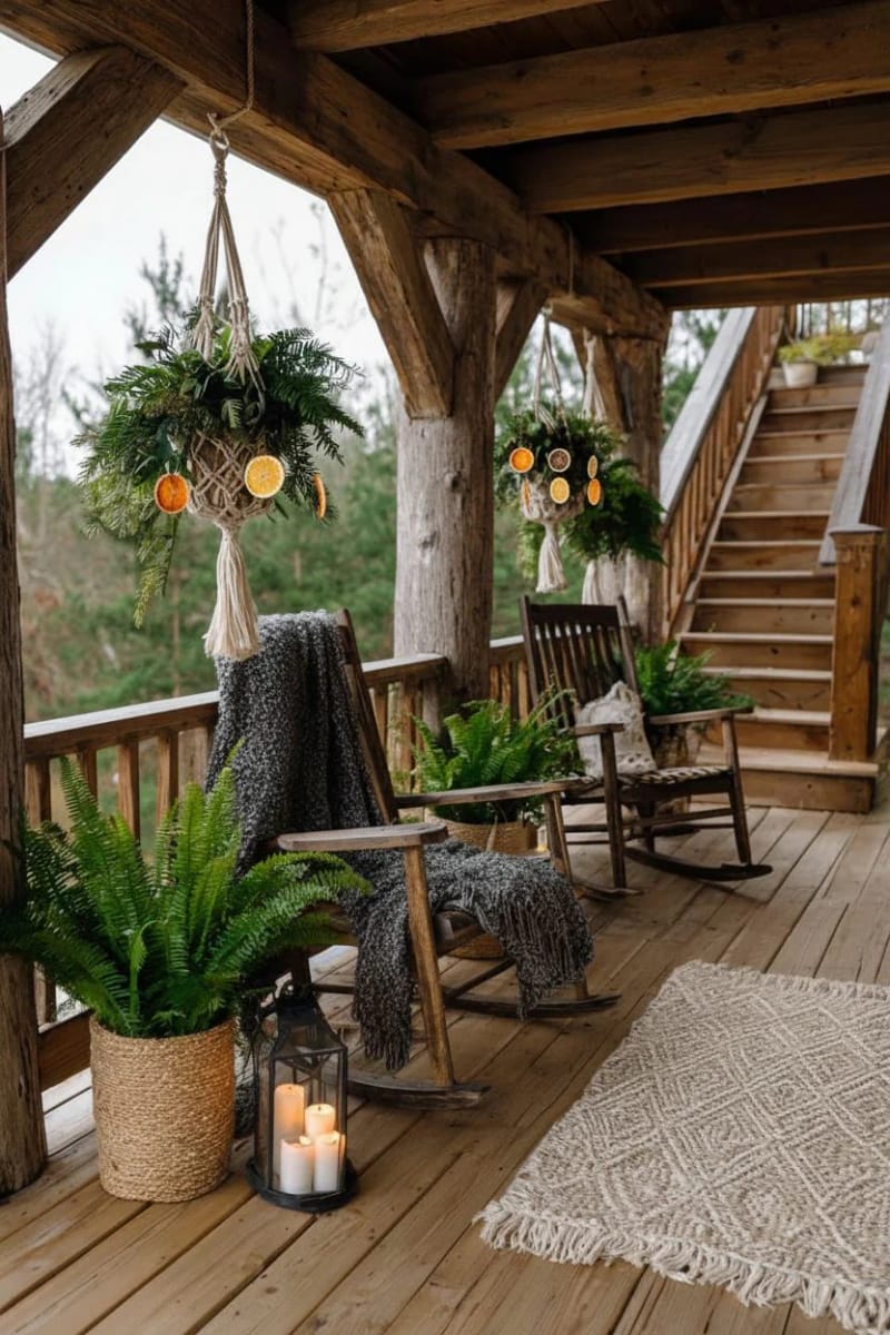hanging macrame planters with winter foliage and dried citrus for a boho vibe 1