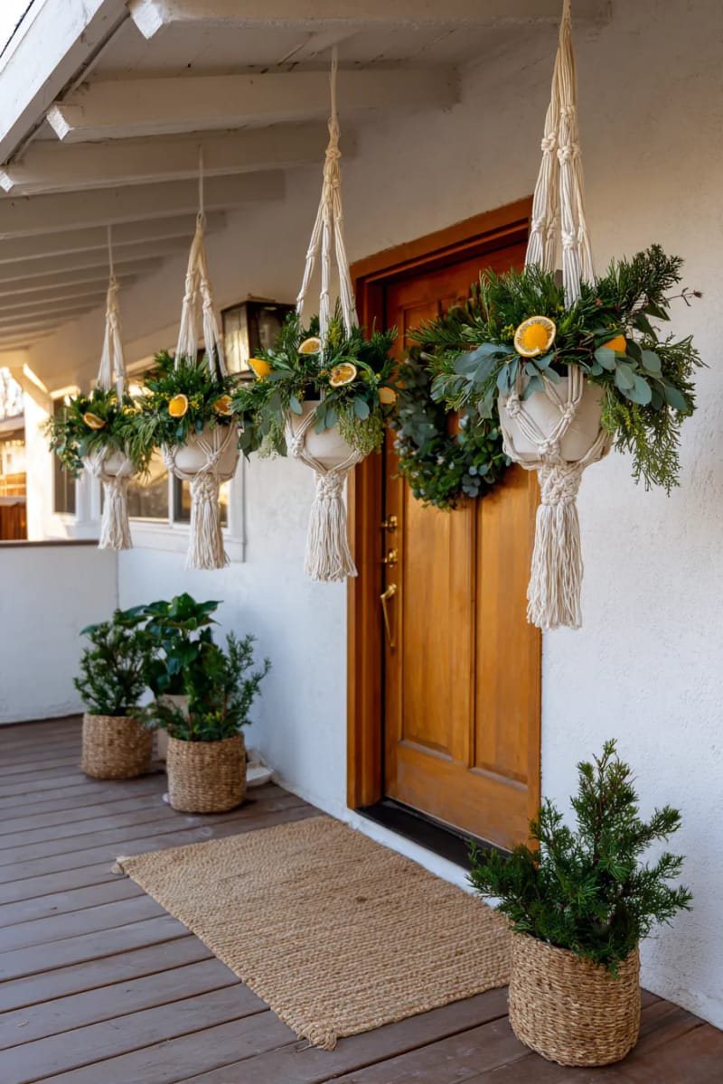 hanging macrame planters with winter foliage and dried citrus for a boho vibe 1