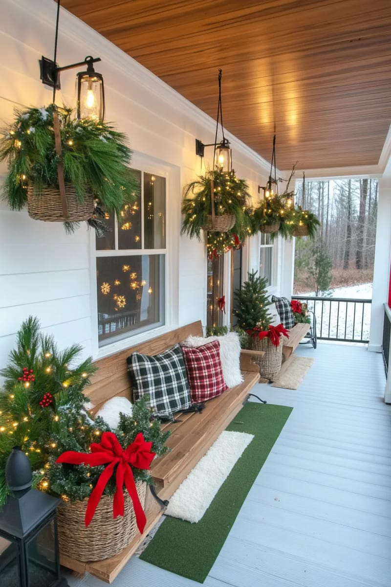 15 Cozy Modern Farmhouse Christmas Ideas For Front Porch 2025 34 hanging woven baskets filled with cascading cedar, berries, and fairy lights 1