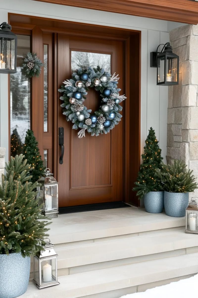 icy blue spruce wreath with silver ornaments and glittered pinecones 1