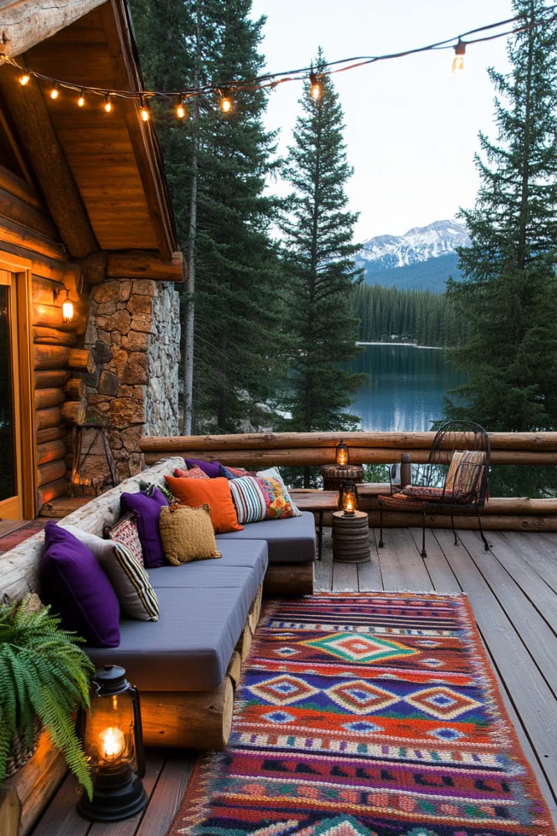 15 Fabulous Log Cabin Home Exterior Ideas You'll Love! 11 lake-view deck with rustic wooden railings and built-in log seating 1