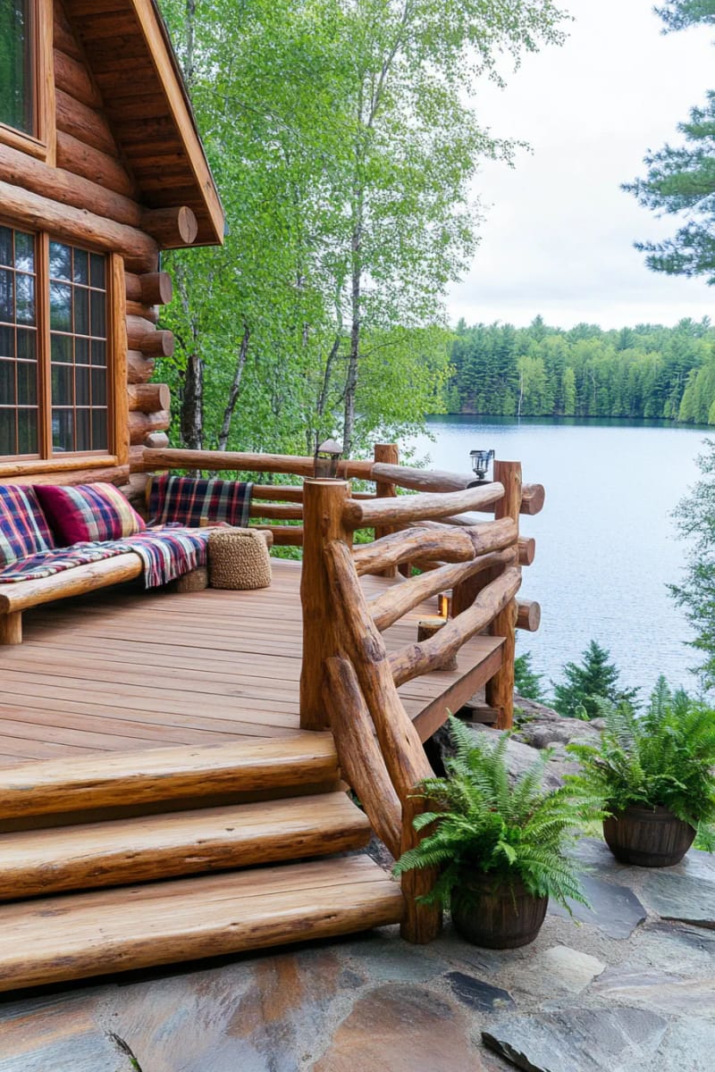 15 Fabulous Log Cabin Home Exterior Ideas You'll Love! 10 lake-view deck with rustic wooden railings and built-in log seating 1