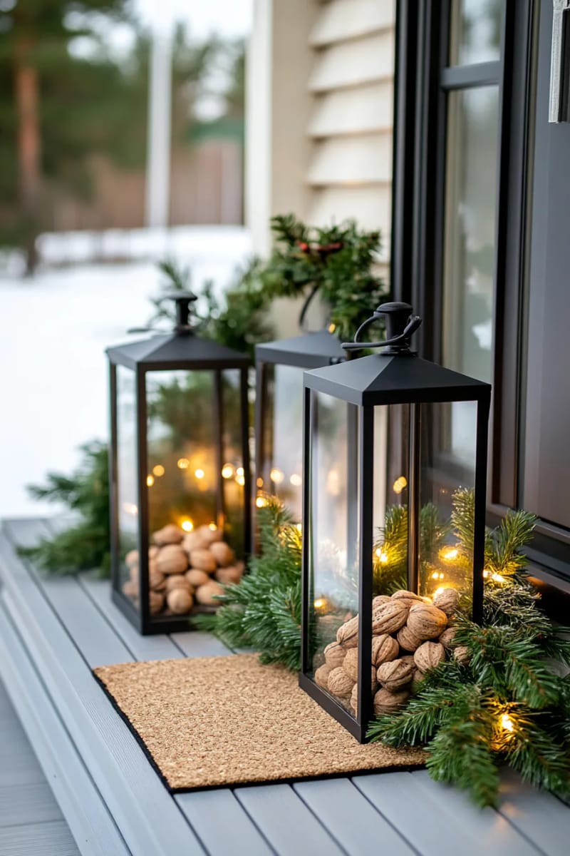 large outdoor lanterns filled with unshelled nuts, pine sprigs, and led lights 1