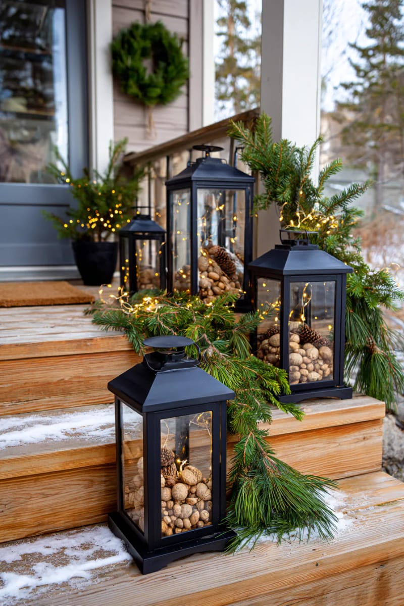 large outdoor lanterns filled with unshelled nuts, pine sprigs, and led lights 1