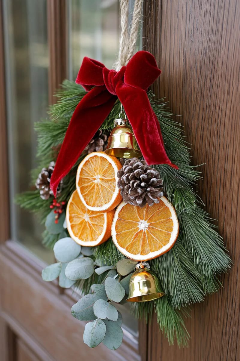 layer dried oranges with gold bells for a musical door hanger 1