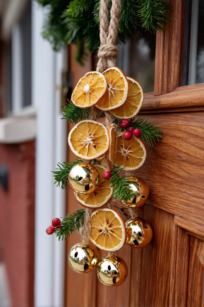 layer dried oranges with gold bells for a musical door hanger 1