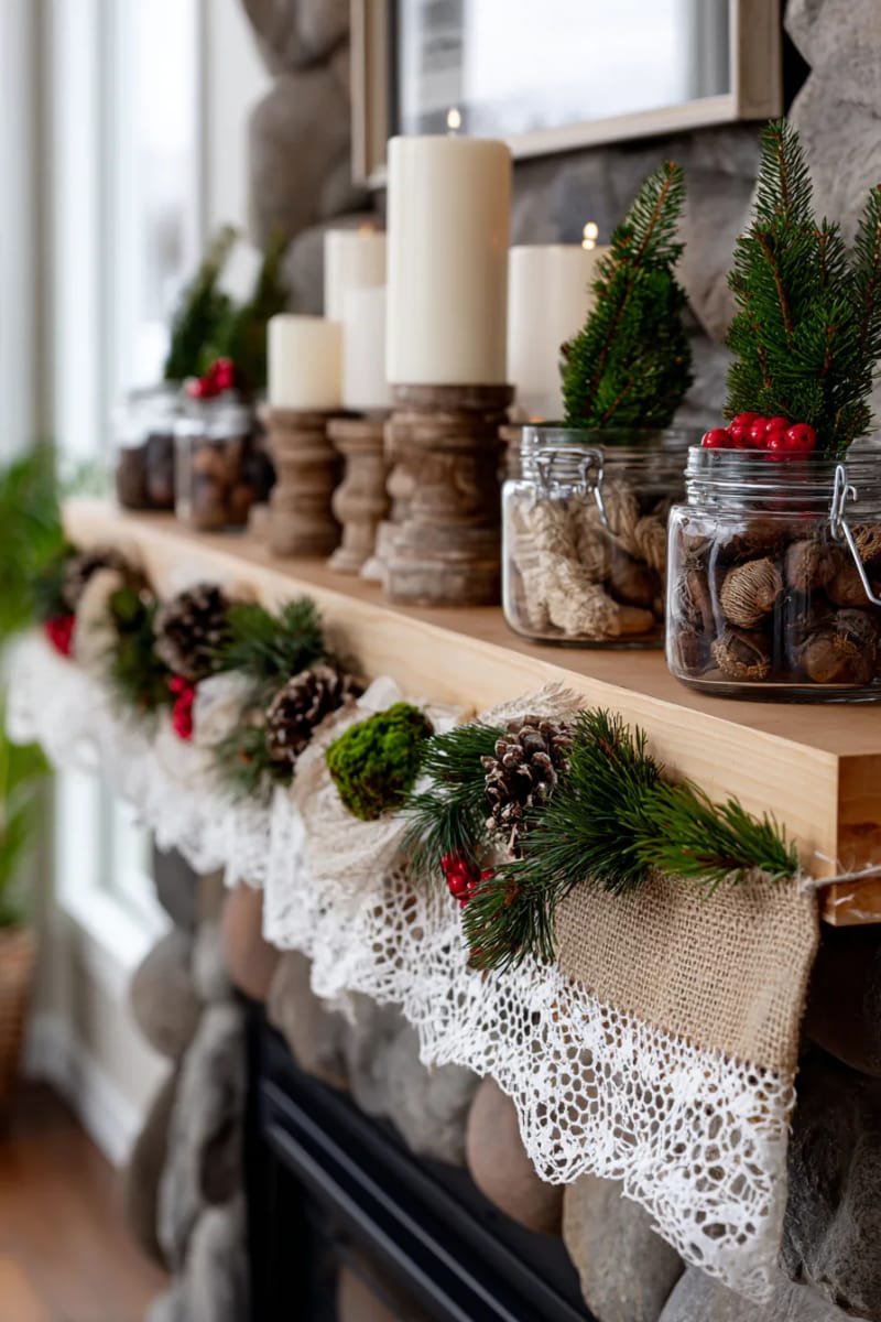 layered burlap and lace ribbon garland for a woodland-inspired mantel 1