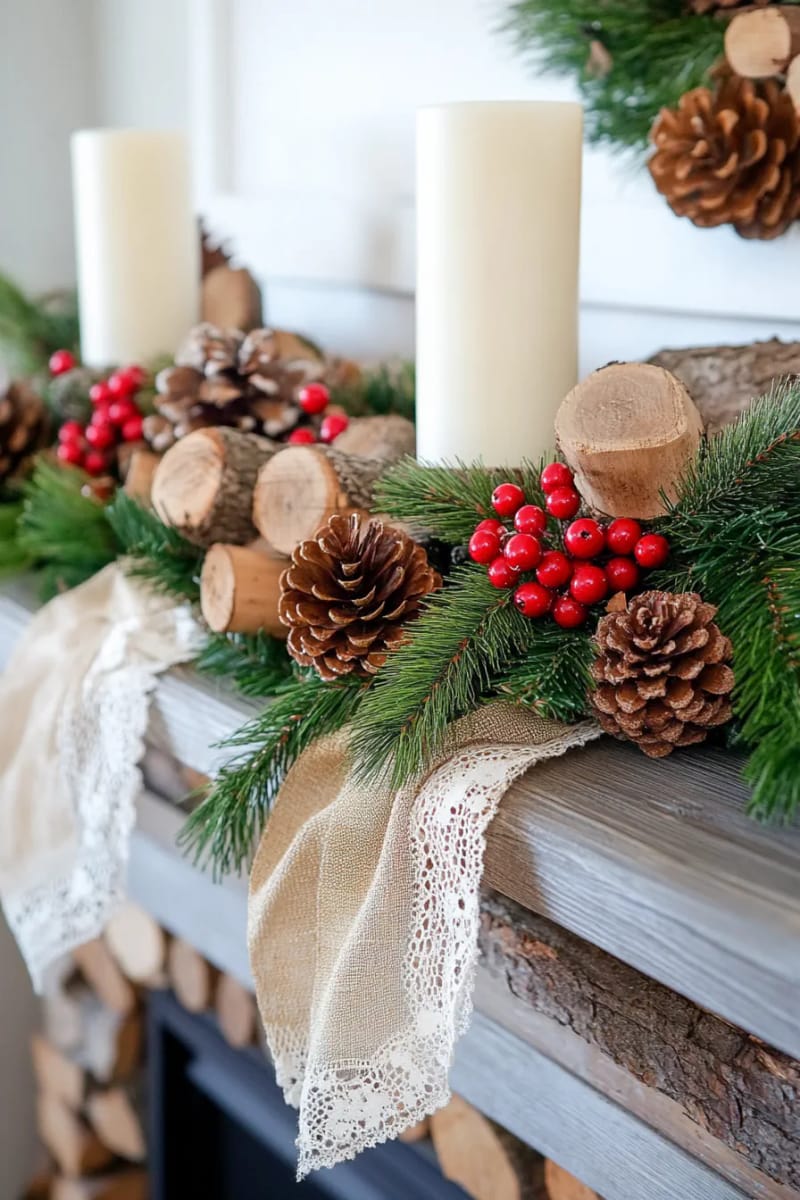 layered burlap and lace ribbon garland for a woodland-inspired mantel 1