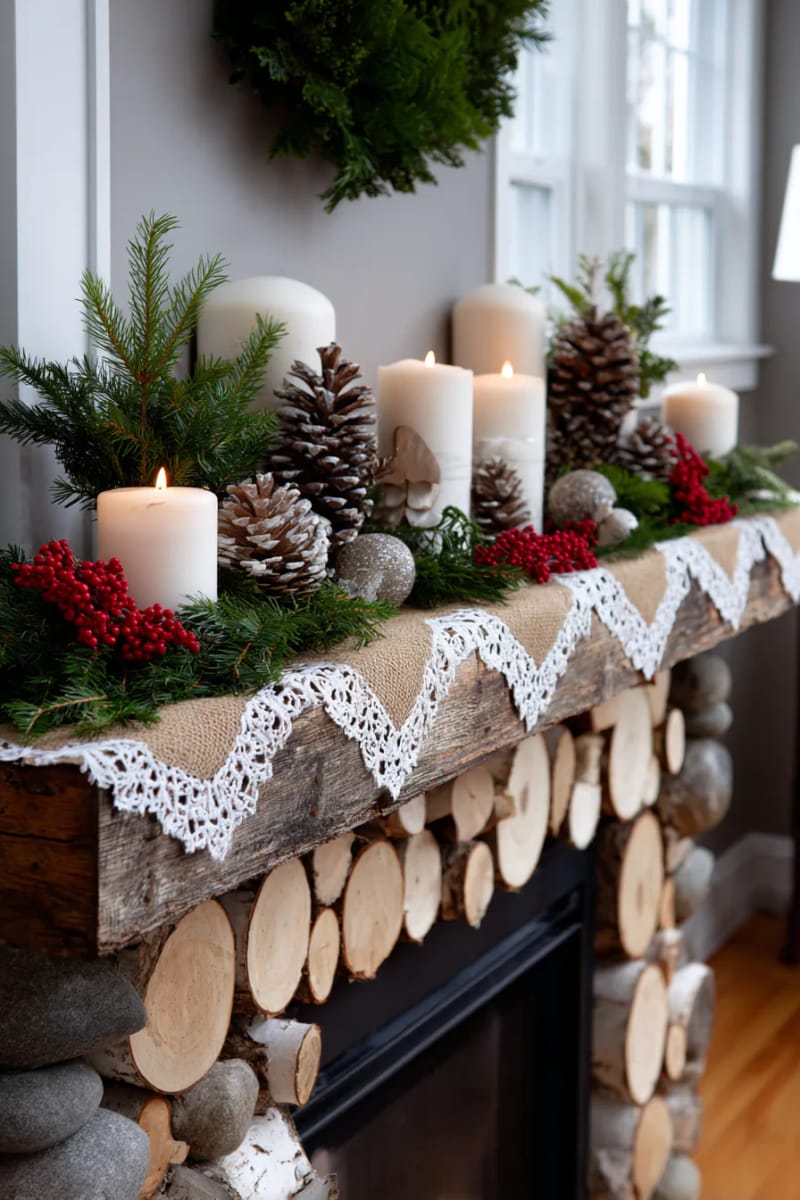 layered burlap and lace ribbon garland for a woodland-inspired mantel 1