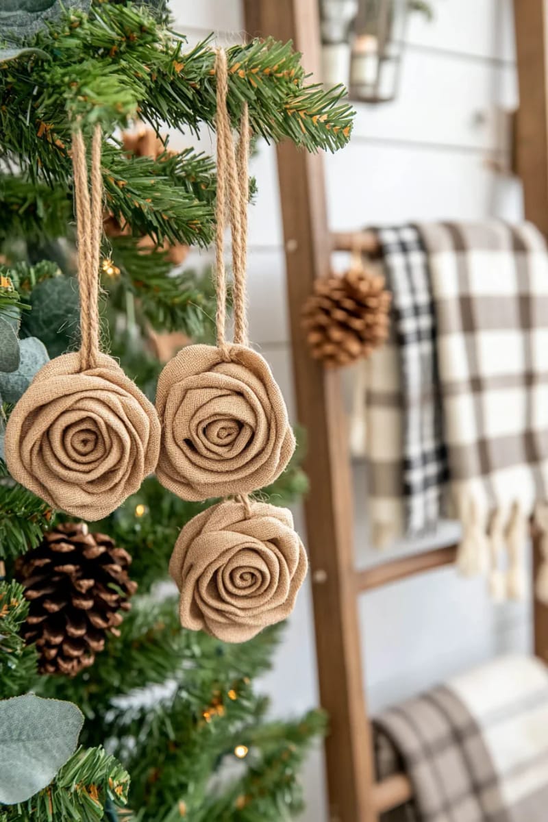 layered burlap and muslin rosette ornaments for a farmhouse look 1