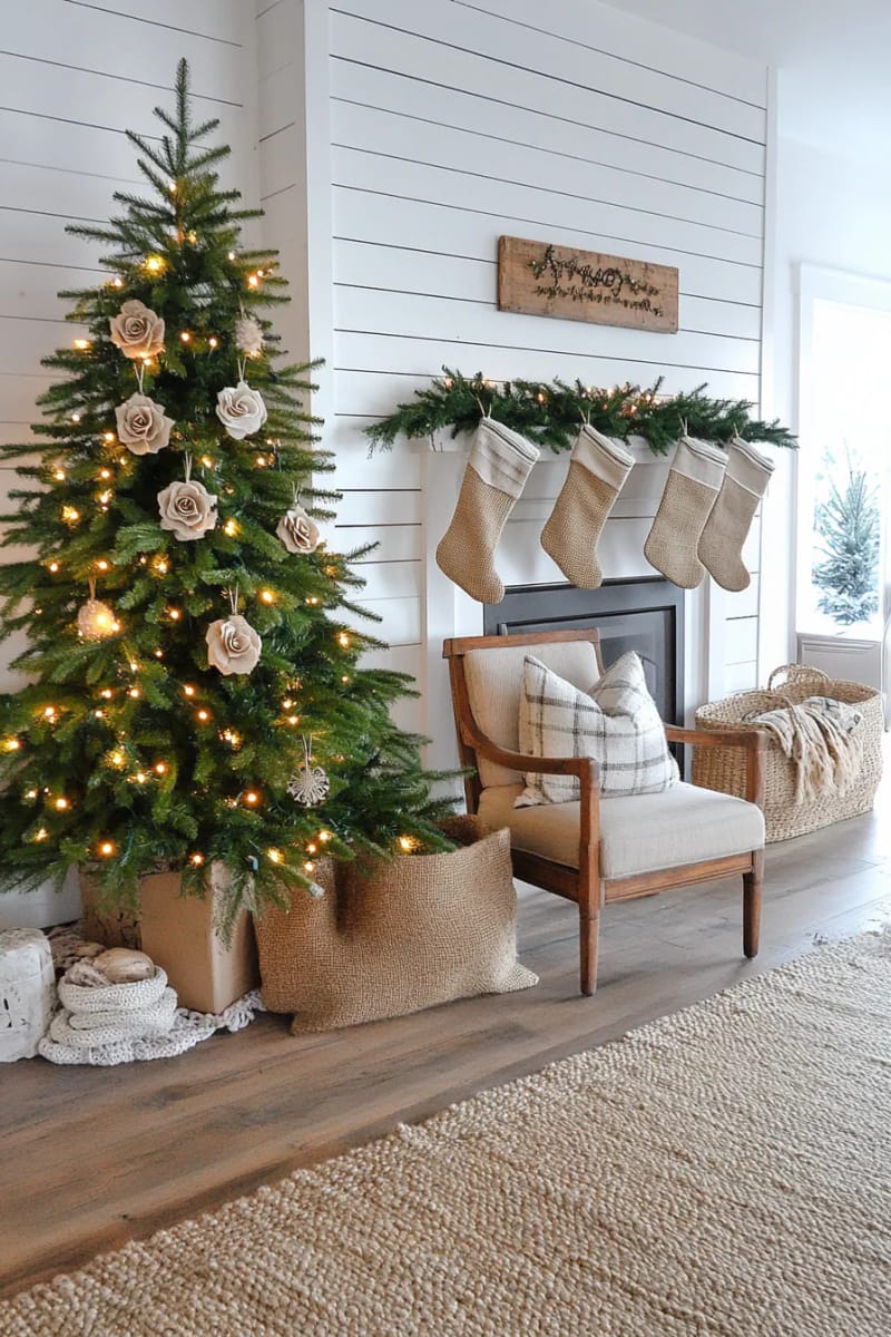 layered burlap and muslin rosette ornaments for a farmhouse look 1