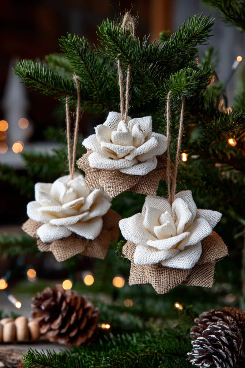 layered burlap and muslin rosette ornaments for a farmhouse look 1