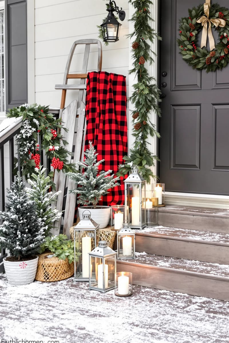 15 Simple Farmhouse Christmas Front Porch Decor Ideas 6 layered vintage sled, lanterns, and buffalo check blankets by the door 1